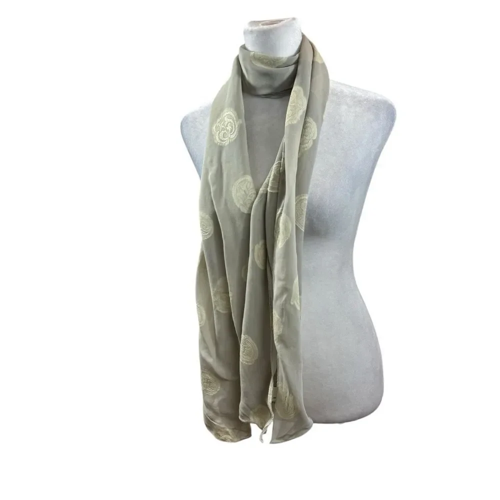 New without tags Ladies Grey Chiffon Scarf with Ivory Embroidered Flowers